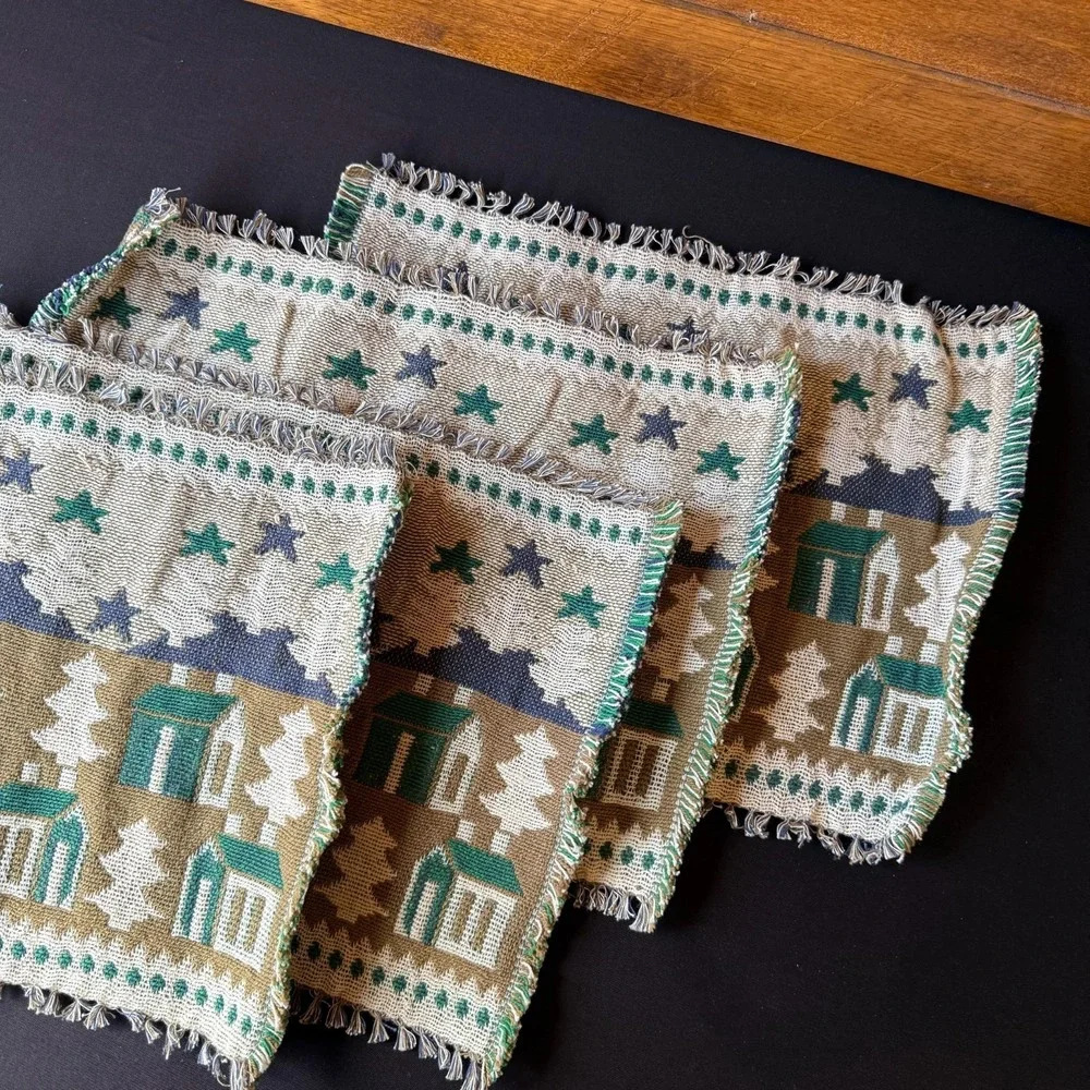 Vtg Set 4 Christmas Cabin Village Placemats Handwoven Cotton Rustic Lodge Decor‎